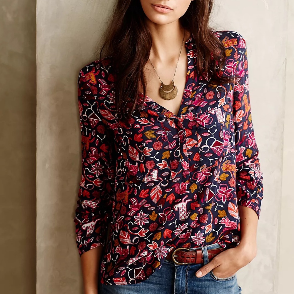 Maeve Anthropologie Moonflower Henley Colorful Blouse - Size 2